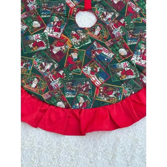 Vintage Handmade Holiday Christmas Tree Skirt Santa Claus Ruffle Pleated Red 36" - Picture 3 of 10